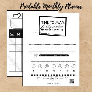 Pode incluir: Planificador mensal imprimível em preto e branco com um rastreador diário, objetivos semanais e seções de afirmações positivas. Inclui uma grade de calendário, carinhas sorridentes e uma estrela.