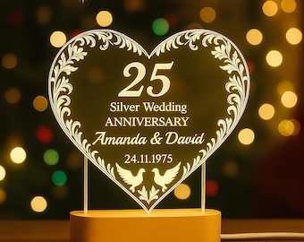 パーソナライズされた25周年結婚記念日ナイトライト：結婚記念日の贈り物、銀婚式ギフト、妻や夫への記念日の贈り物