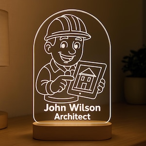 Personalized Architect Night Light: Engraved Acrylic Lamp, Wooden Base