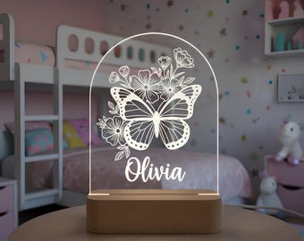 Personalized Floral Butterfly Night Light: Custom LED Kids Lamp, Butterfly Room Decor
