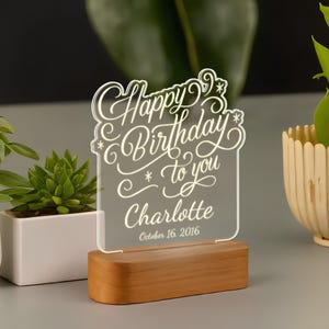 Custom Acrylic Night Light: Personalized Birthday Gift, LED Wooden Base