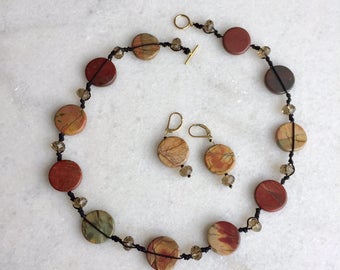 Stunning knotted gemstone jasper and crystal necklace and matching earrings, for women.