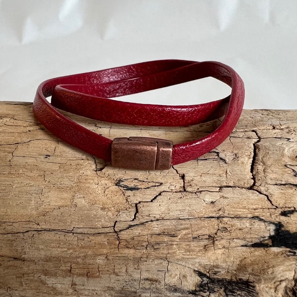 Italian rich red double wrap leather bracelet and sweet copper magnetic clasp.