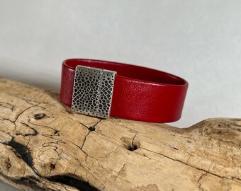 Leather cuff bracelet, made of fine soft red Italian leather, finished with  a lovely silver detailed magnetic