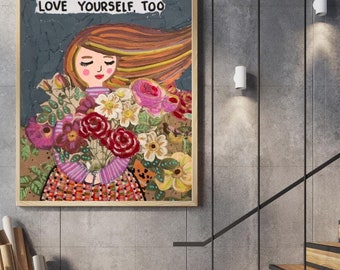 Love Yourself Art Print, Figurative Floral Collage (Digital Download)