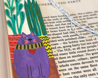 Handpainted Wooden Bookmark, Purple Cat, Book Lover Gift | Personalize Cat