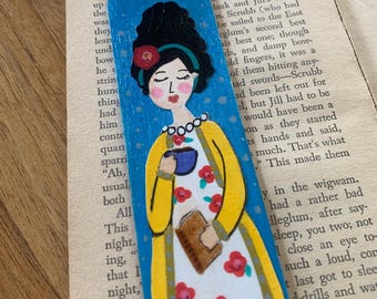 Handpainted Wooden Bookmark | Pretty Coffee Drinker |Unique Book Lover Gift | Personalize!