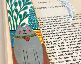 Handpainted Wooden Bookmark, Gray Cat with Tassel, Book Lover Gift | Personalize This