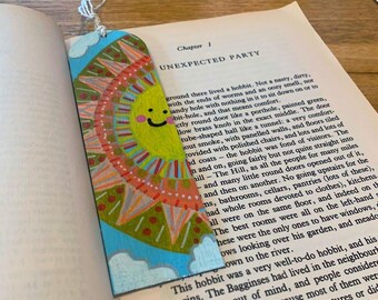 Handpainted Wooden Bookmark, Smiling Sun Tassel, Book Lover Gift | Personalize This!