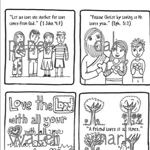 May include: Black and white line art illustration titled "Four Valentines to Share." The image features four panels with text and drawings. The panels include quotes about love and friendship, along with drawings of people, trees, and a snowman.