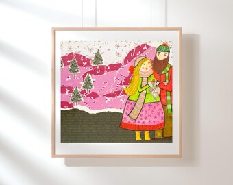 Winter Sweethearts Art Print | Collage & Painting (Digital Download)