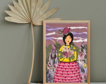 Girl With Purple Flowers and Lavender Sky Digital Print | Digital Wall Art