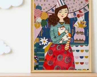 Birthday Cat Girl Art Print | Playful Colorful Wall Decor (Digital Download)