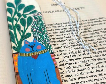 Handpainted Wooden Bookmark, Blue Cat, Gift for Bookworms | Personalize This