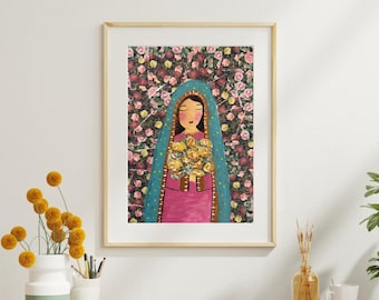 Blessed Mother Floral Art Print | Religious Wall Decor (Digital Print)