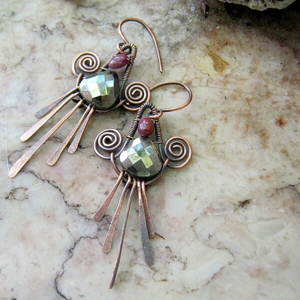 Pyrite and Ruby Dangle Earrings In Copper