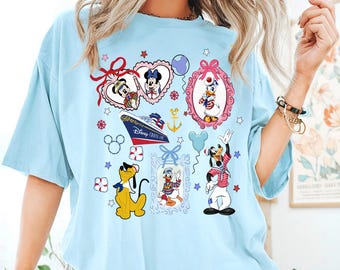 Camiseta de Disney Cruise Line con lazos retro de Coquette, camiseta de crucero con estética femenina de Mickey y sus amigos, camiseta de viaje para chicas, crucero Disney 2025