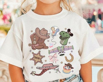 Retro Toy Story Comfort Color Shirt, Woody Buzz Jessie Tee, Pixar Character Badge Tee, Cute Disney Toy Shirt, Disney Family Trip 2026 Shirts