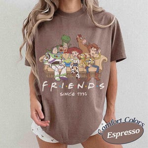 May include: A brown short-sleeve t-shirt featuring a graphic of Toy Story characters sitting on a couch with the text "FRIENDS SINCE 1995" printed below. The characters include Buzz Lightyear, Rex, Mr. Potato Head, Jessie, Slinky Dog, and Woody.