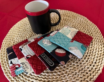 Set of 6 Drink Coasters, Fabric Coasters, hot drink coasters, Hot Cocoa Themed Coasters, Hostess Gift, Barware Gift