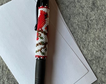 Peyote Pen Wrap, CARDINAL pen, Beaded Cardinal Pen Wrap, Stationery Gift, Pen Gift, Cardinal gift, unique gift, Birder Gift