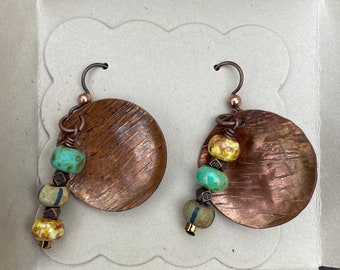 Copper Disk Earrings, Women's Earrings, Drop Earrings, Beaded Copper Earrings
