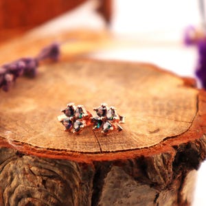 Pendientes personalizados, de plata o de oro real de 14 quilates, con forma de flor, pendientes con forma de botón, regalo de piedra natal o aniversario, joyas con circonita cúbica, diseño de abanico