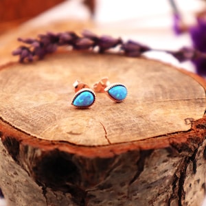 Personalized Earring, Silver or 14K Real Gold, Pear-Shaped Blue Synthetic Opal Stud Earrings, Birthstone or Anniversary Gift CZ Jewelry