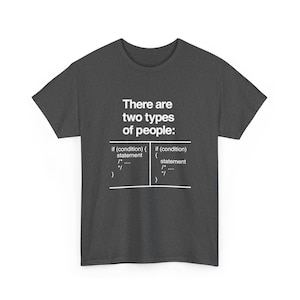 May include: A dark gray short-sleeve t-shirt featuring white text that reads: There are two types of people: followed by two different programming code formatting styles for an if statement separated by a vertical white line.