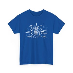 Peut inclure: Un t-shirt bleu roi à manches courtes avec une impression graphique blanche représentant un diagramme de trou de ver. L'illustration comporte les étiquettes Our Universe, Worm, Future, Curved Space-Time, Wormhole Throat, Present, Hyperspace et Other Universe.