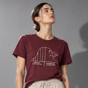 Può includere: Una t-shirt a maniche corte color bordeaux con una grafica a linee bianche che raffigura una curva a campana. Il lato sinistro è etichettato Normal Distribution, mentre il lato destro mostra una forma di mostro con l'etichetta Paranormal Distribution.