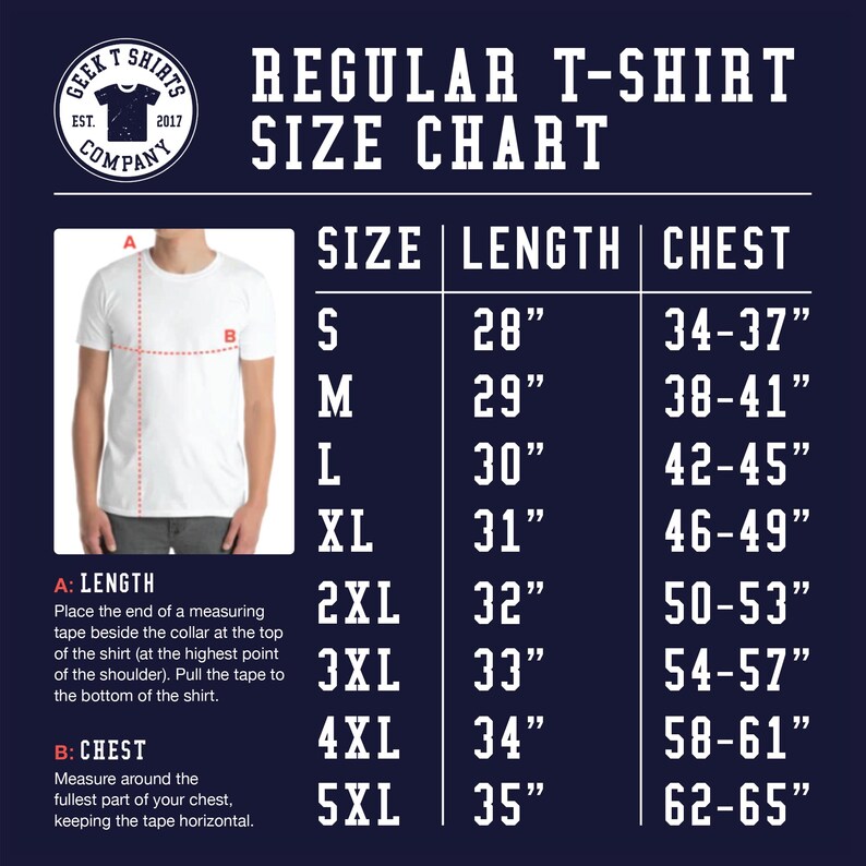 Op de afbeelding: Een marineblauwe afbeelding met een maattabel voor reguliere t-shirts. De tabel bevat maten S tot en met 5XL, met bijbehorende afmetingen voor lengte en borst. Een wit t-shirt wordt getoond met meetpunten A en B. Het logo van Geek T Shirts Company staat in de linkerbovenhoek.