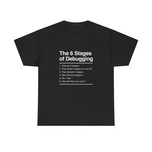 May include: Black t-shirt featuring the text "The 6 Stages of Debugging" in white, with a list of debugging stages below. The shirt is made of a soft material and is suitable for casual wear.