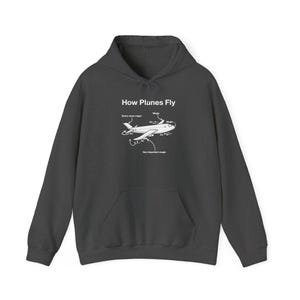 May include: A dark grey hooded sweatshirt featuring a white graphic of an aeroplane with labels explaining how planes fly. The text reads How Planes Fly, with arrows pointing to parts of the plane labelled Magic, Air, Some more magic, and Very important magic.