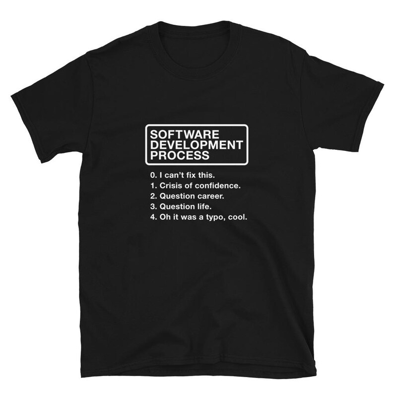 Może przedstawiać: Czarny T-shirt z białym tekstem, kt&oacute;ry brzmi "SOFTWARE DEVELOPMENT PROCESS" i listą krok&oacute;w: "0. Nie mogę tego naprawić. 1. Kryzys zaufania. 2. Podważanie kariery. 3. Podważanie życia. 4. Och, to była liter&oacute;wka, spoko."