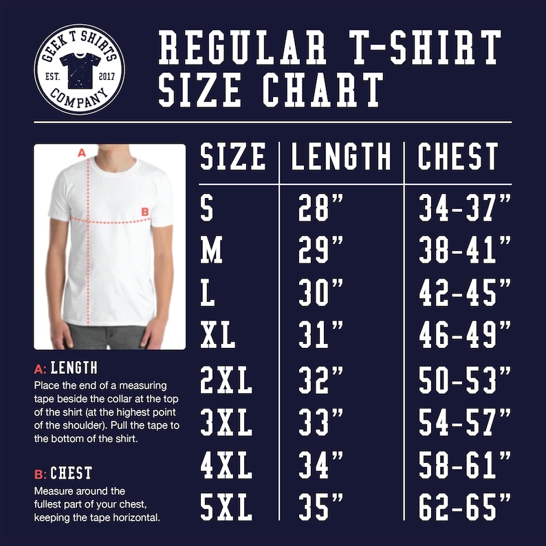 Pu&ograve; includere: Un grafico blu navy che mostra una tabella delle taglie di t-shirt regolari. La tabella include le taglie dalla S alla 5XL, con le misure corrispondenti per lunghezza e torace. Una t-shirt bianca &egrave; mostrata con i punti di misurazione A e B. Il logo Geek T Shirts Company si trova nell'angolo in alto a sinistra.