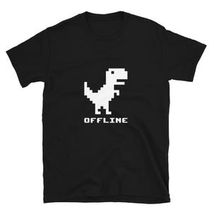 May include: A black short-sleeved t-shirt featuring a white pixelated graphic of a dinosaur in the center. Below the dinosaur, the word OFFLINE is printed in a matching white pixelated font. The shirt has a crew neckline and a standard fit.