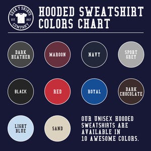 May include: A colour chart for unisex hooded sweatshirts, displaying ten colour options: dark heather, maroon, navy, sport grey, black, red, royal, dark chocolate, light blue, and sand. The image includes the text "Hooded Sweatshirt Colours Chart."