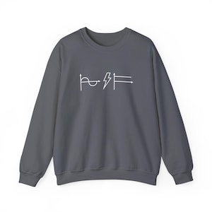 May include: A charcoal gray crewneck sweatshirt featuring a white graphic print on the chest. The design displays a sine wave symbol, a lightning bolt icon, and a straight horizontal line symbol, each set against vertical and horizontal axes.