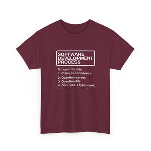 Può includere: Una t-shirt bordeaux a maniche corte con testo bianco che recita: SOFTWARE DEVELOPMENT PROCESS 0. I can't fix this. 1. Crisis of confidence. 2. Question career. 3. Question life. 4. Oh it was a typo, cool.