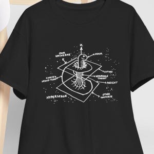 Könnte beinhalten: Schwarzes T-Shirt mit einer weißen Grafik, die ein Wurmloch und einen Wurm darstellt, mit Textbeschriftungen wie "Our Universe", "Hyperspace" und "Wormhole Throat". Das Design hat ein Science-Fiction-Thema.