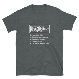 Może przedstawiać: Szary t-shirt z białym nadrukiem "SOFTWARE DEVELOPMENT PROCESS" i humorystyczną listą krok&oacute;w: "0. Nie mogę tego naprawić. 1. Kryzys zaufania. 2. Zastanawianie się nad karierą. 3. Zastanawianie się nad życiem. 4. Och, to był błąd, spoko."