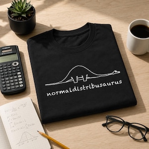 May include: Black t-shirt featuring a white dinosaur outline and the text "normaldistribusaurus". The design cleverly merges a dinosaur with a normal distribution curve, a playful nod to statistics. The shirt is made of a soft material.