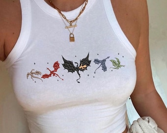 Vierter Flügel besticktes Spaghetti-Tanktop, Basgiath War College Dragon Embroidery Racer Tank, kleine Drachen-Baby-T-Shirt, Bücherwurm-T-Shirt