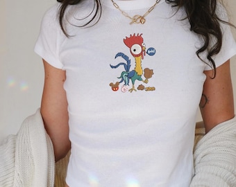 Heihei Moana Embroidered Spaghetti Strap Tank Top, Disney Chicken Embroidery Racer Tank, Heihei Moana Fan Baby Tee, Disney Tee
