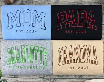T-shirt con testo personalizzato ricamato, felpa con ricamo personalizzato con testo contorno, felpa con cappuccio con ricamo personalizzato con testo universitario, abbigliamento con testo personalizzato