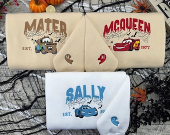 Camiseta bordada de coches de Disney para Halloween, suéter bordado de la película Cars, sudadera con capucha de McQueen y Sally Matter con personajes de dibujos animados para Halloween