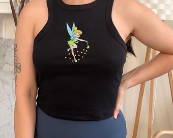 Disney Tinker Bell Embroidered Spaghetti Strap Tank Top, Magical Neverland Fairy Embroidery Racer Tank, Tinkerbell Fan Baby Tee, Disney Tee