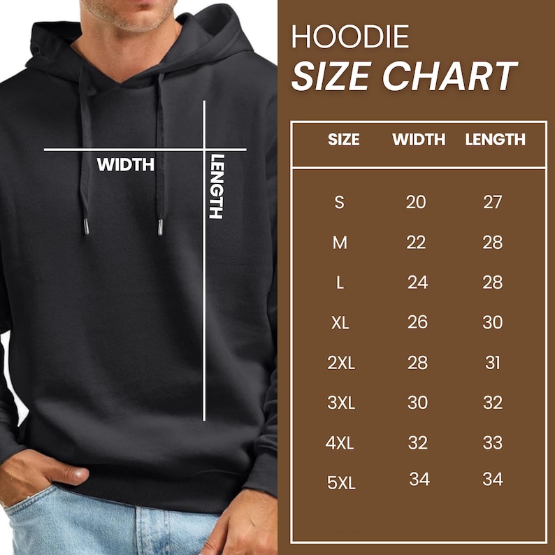 May include: Black hoodie with a size chart. The chart shows width and length measurements in inches for sizes S to 5XL. The text "HOODIE SIZE CHART" is at the top.