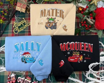 Camiseta bordada navideña de Cars de Disneyland, sudadera a juego de McQueen Mater y Sally, sudadera con capucha bordada navideña de Cars de Disney, regalo de Navidad